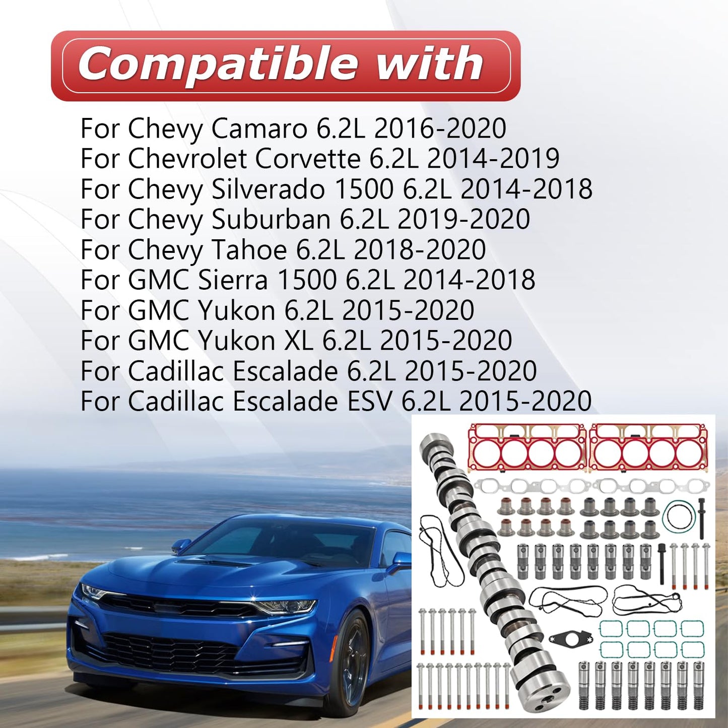 Raodelupe LT 6.2L GEN-5 AFM Engine Rebuild Kit W/12629512 Camshaft 8*AFM Lifters 8*LS7 Style Lifters Head Gasket Kit Bolts Compatible with Chevy 6.2L LT Gen5 L86 L87 2014-2020