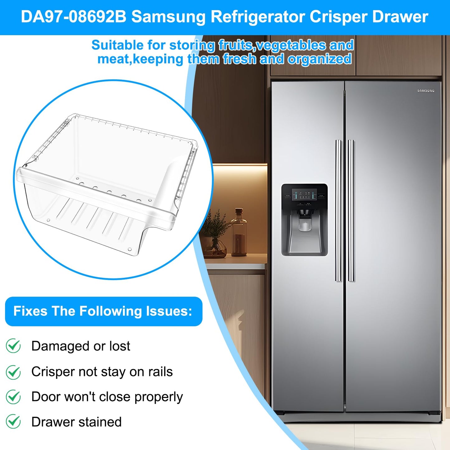 UPGRADED DA97-08692B Refrigerator Crisper Drawer Bin Compatible with Samsung Refrigerator Drawer Replacement RS25J500DSR RS25J500DSG RS25H5000SR DA97-08692A for Samsung Fridge Drawer Bottom