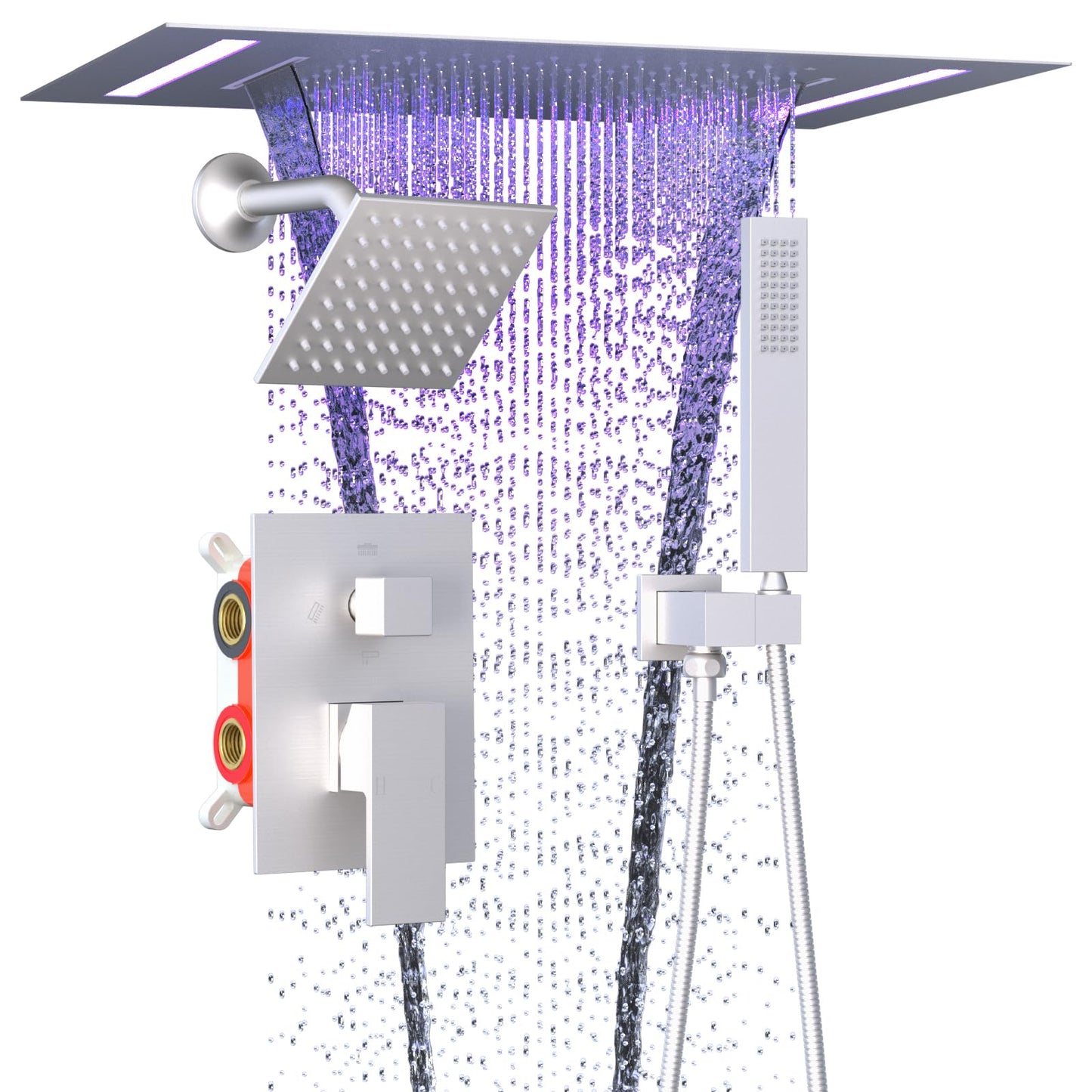 ENGA Dual Rain Shower Head System, 2 In 1 Functions Ceiling Mount 14x20inch LED Shower Head with 6 Inch Shower Head, Rainfall Waterfall Shower Faucet Set, Brushed Nickel