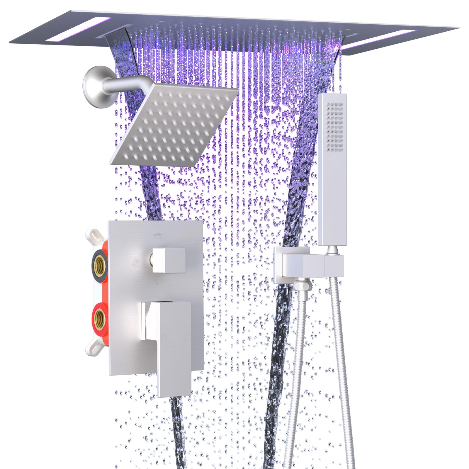 ENGA Dual Rain Shower Head System, 2 In 1 Functions Ceiling Mount 14x20inch LED Shower Head with 6 Inch Shower Head, Rainfall Waterfall Shower Faucet Set, Brushed Nickel