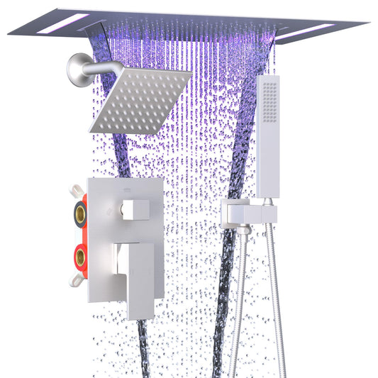 ENGA Dual Rain Shower Head System, 2 In 1 Functions Ceiling Mount 14x20inch LED Shower Head with 6 Inch Shower Head, Rainfall Waterfall Shower Faucet Set, Brushed Nickel