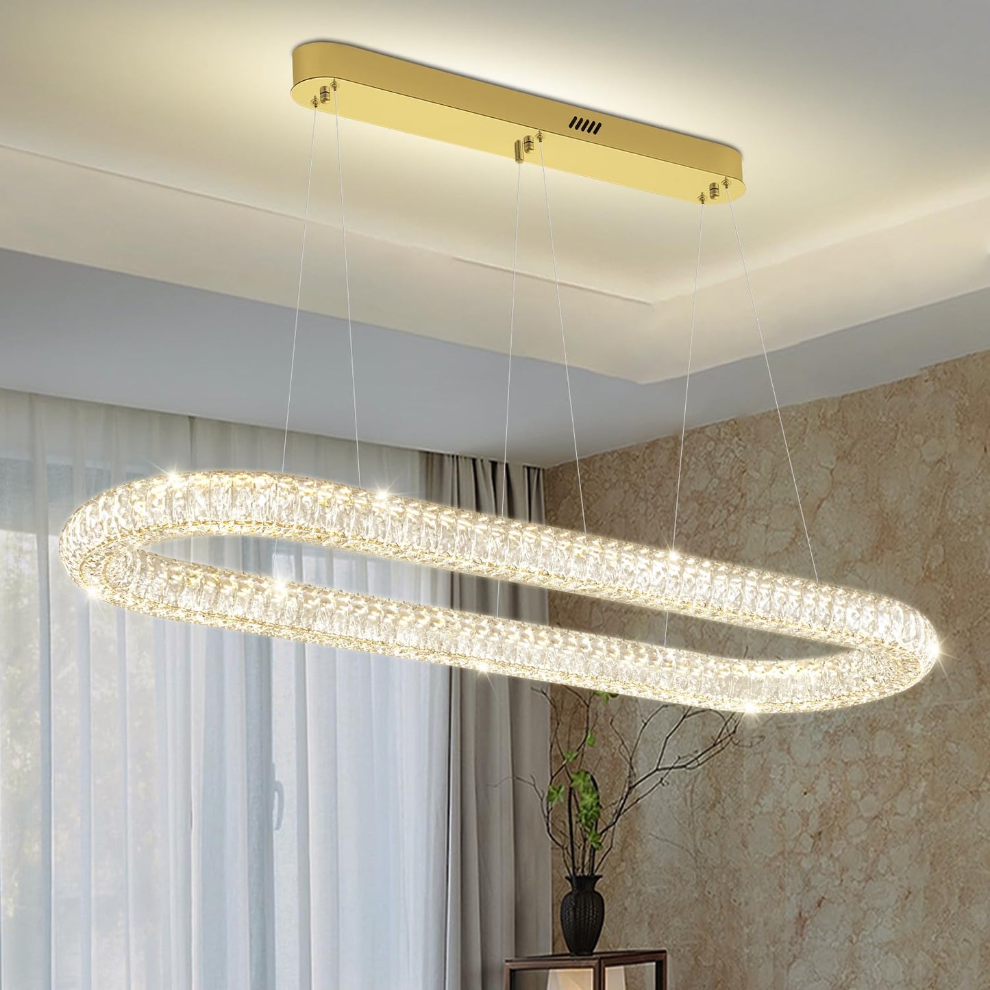 Oval Crystal Chandelier, 47.2'' Gold Crystal Ring Pendant Light for Kitchen Island Modern Linear Oval Chandeliers for Dining Room Dimmable 3000K-6000K