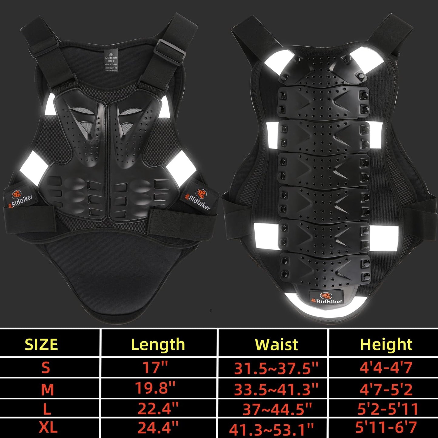 Dirt Bike Chest Protector Motocross Body Armor Vest, Motorcycle Gear for Men Off-Road Racing Body Armor Reflective Vest (Black, Large)