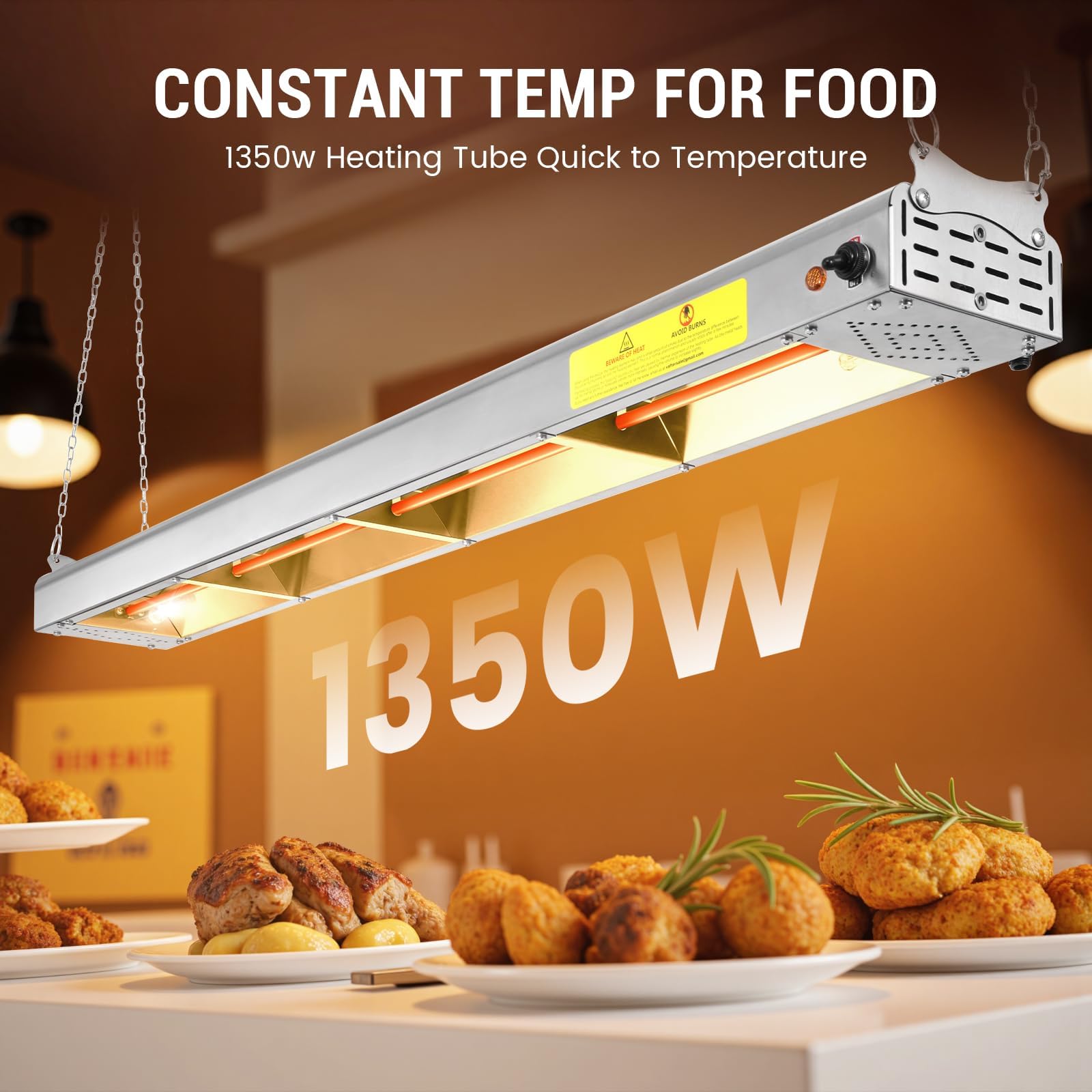 Hiteemer 48-Inch Food Heat Lamp, 1350W Commercial Food Warmer Lamp Electric Strip Heater Overhead Stainless Steel Heat Lamps for Buffet Restaurant Parties Catering, Sliver 115V