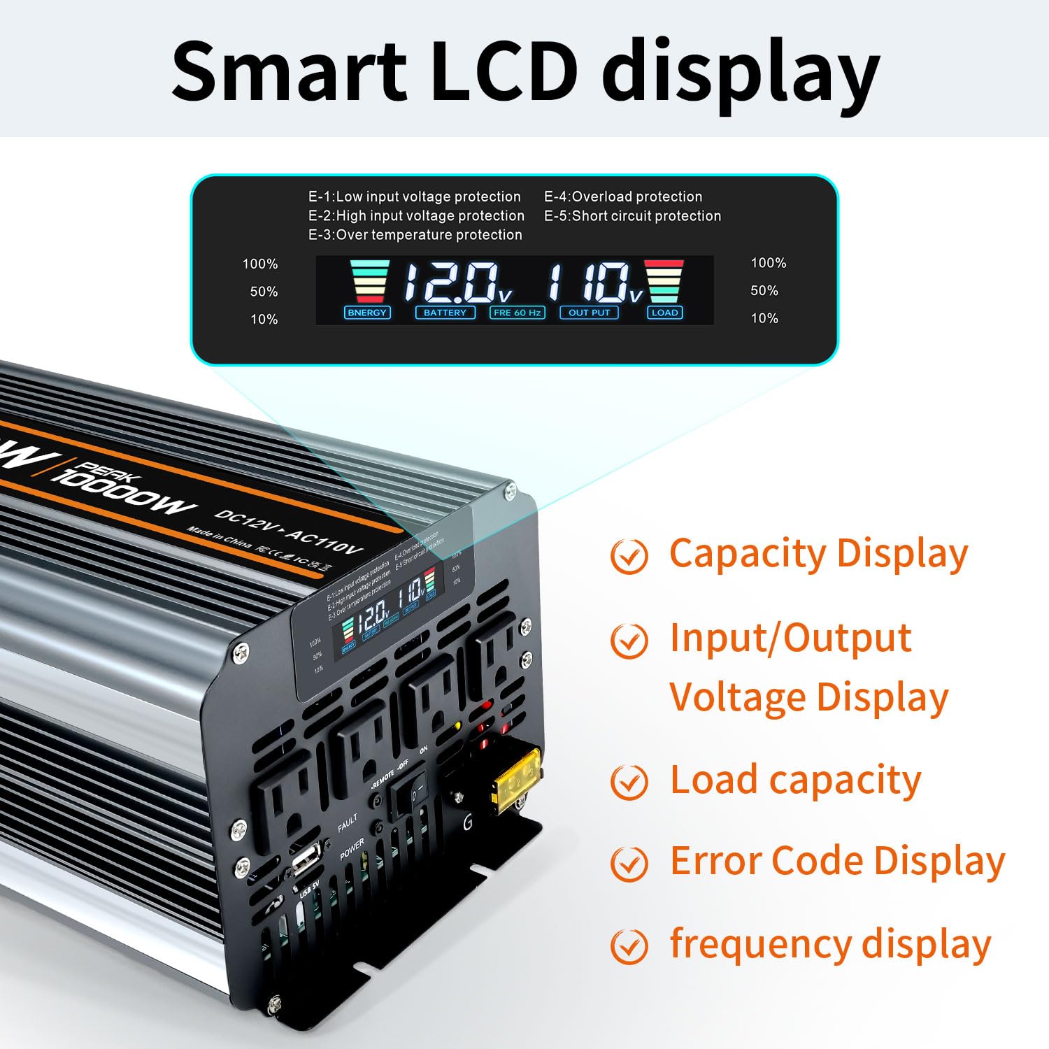 5000 watt Power Inverter DC 12V to AC 110V/120V Converter,10000w Peak.Comes with LCD Display,Wireless Controller, 4AC outlets,1USB.RV Inverter,Suitable for Camping,and Off-Grid Solar Inverter Systems