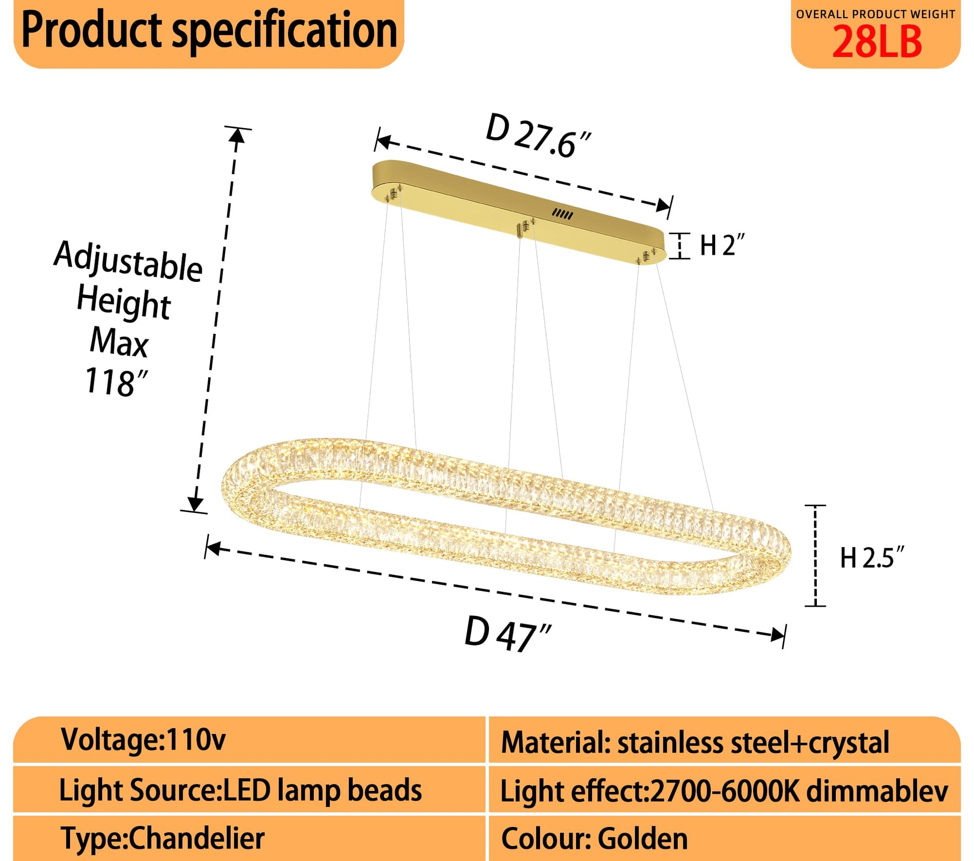 Oval Crystal Chandelier, 47.2'' Gold Crystal Ring Pendant Light for Kitchen Island Modern Linear Oval Chandeliers for Dining Room Dimmable 3000K-6000K