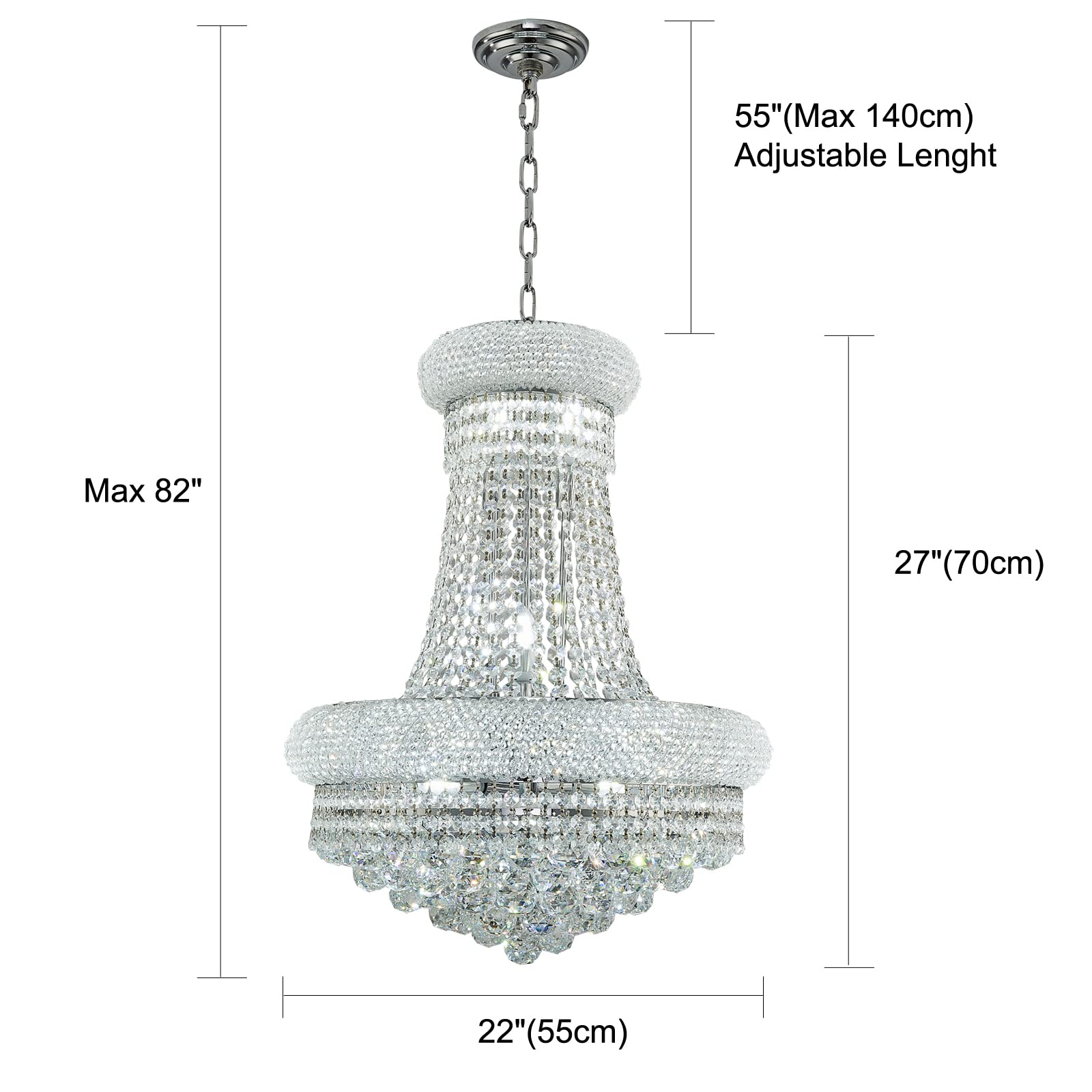chandiry 12 Lights Chrome Finish Empire Crystal Chandelier Lighting for Dining Room Living Room Foyer Hallway Bedroom Entryway (Dia 22'')