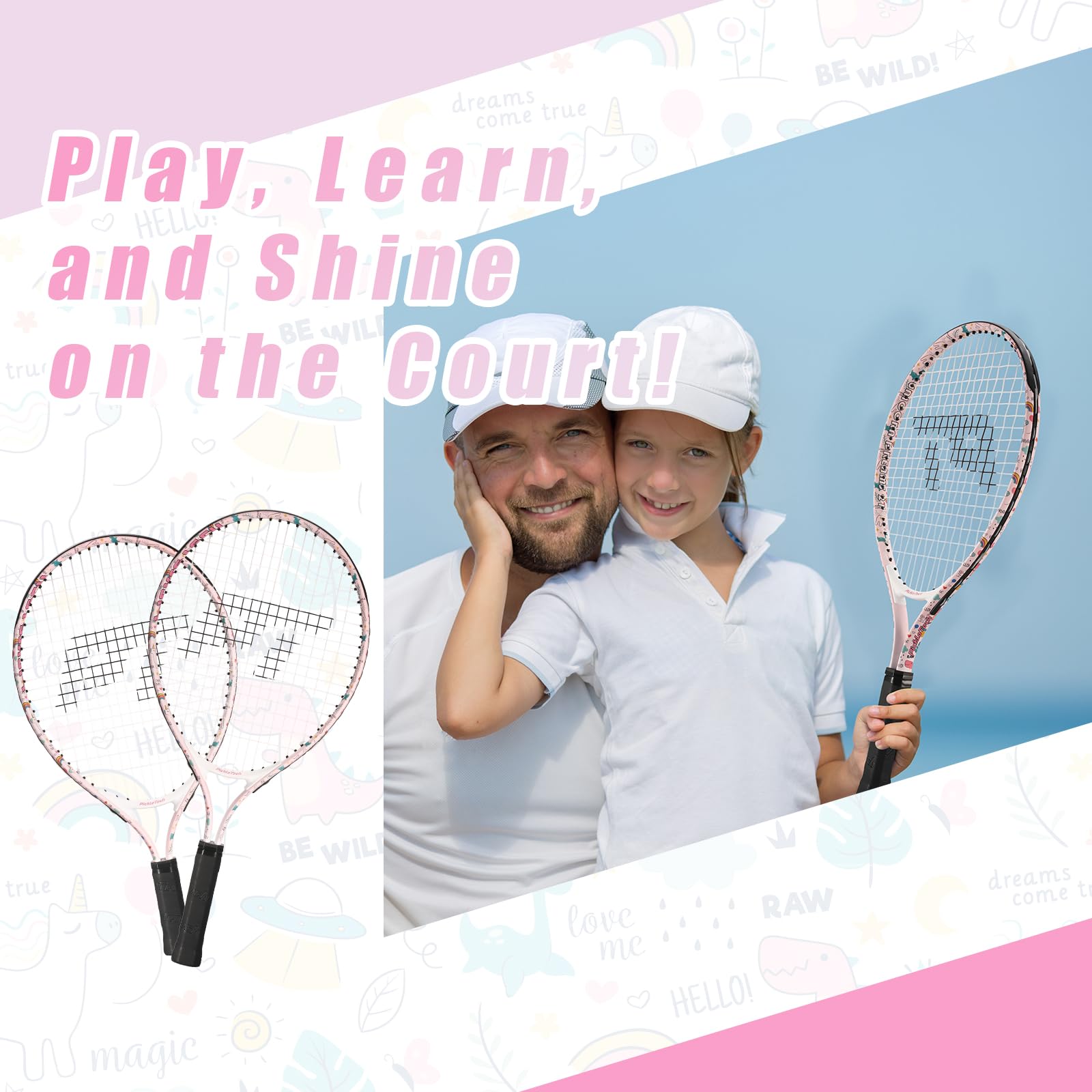 PickleTech Kids Tennis Racket - Toddler Tennis Racket, 17-25 inch Youth Tennis Racquet for Ages 2-12, Unicorn Designs for Boys & Girls, Perfect for Beginners