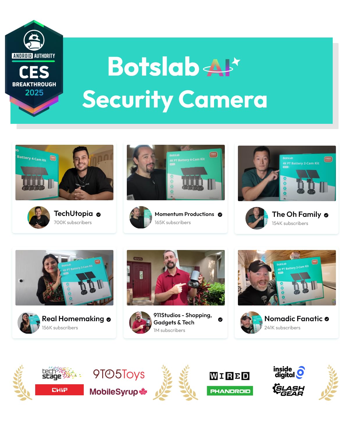 BOTSLAB 8MP Cameras Surveillance Exterieur, 4 Cam-Kit, No Monthly Fee, 4K Color Night Vision, Solar Security Camera Outdoor with 360Â° PTZ, 32G Local Storage HomeBase, AI Recognition