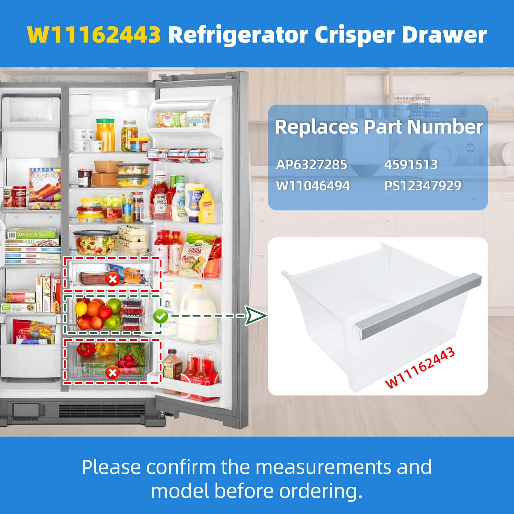 UPGRADED W11162443 Refrigerator Crisper Drawer Compatible with Whirlpool Crisper Drawer W11046494 Maytag Crisper Drawer Replacement WRS315SDHZ WRS321SDHZ WRS325SDHZ WRS315SDHM MSS25N4MKZ Upper Drawer