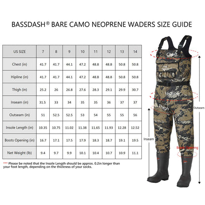 BASSDASH Bare Camo Neoprene Chest Fishing Hunting Waders for Men with 600 Grams Insulated Rubber Bootfoot