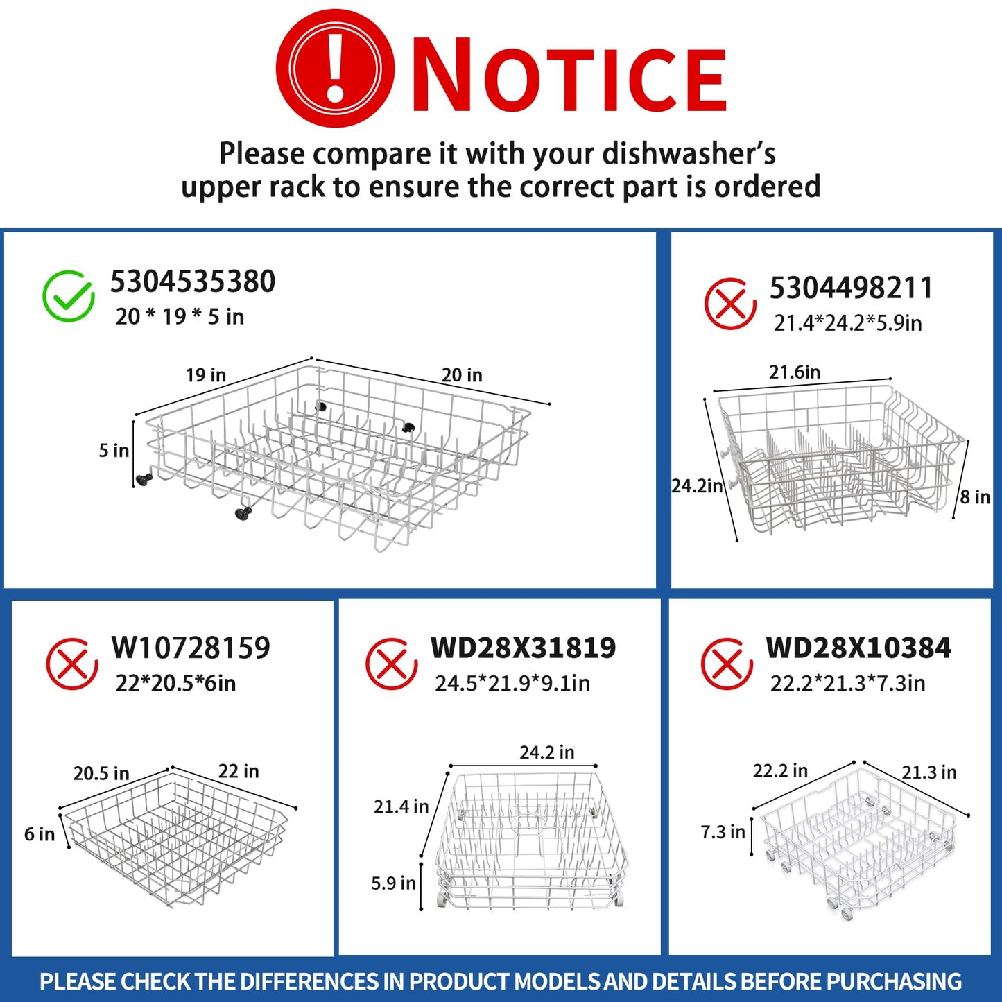 5304535380 Dishwasher Upper Dishrack Replacement, Compatible With Kenmore Crosley Frigidaire Upper Dishrack Assembly, Part Numbers 154331502 5304498202 5304498220 5304517202 5304517201 AP7215765