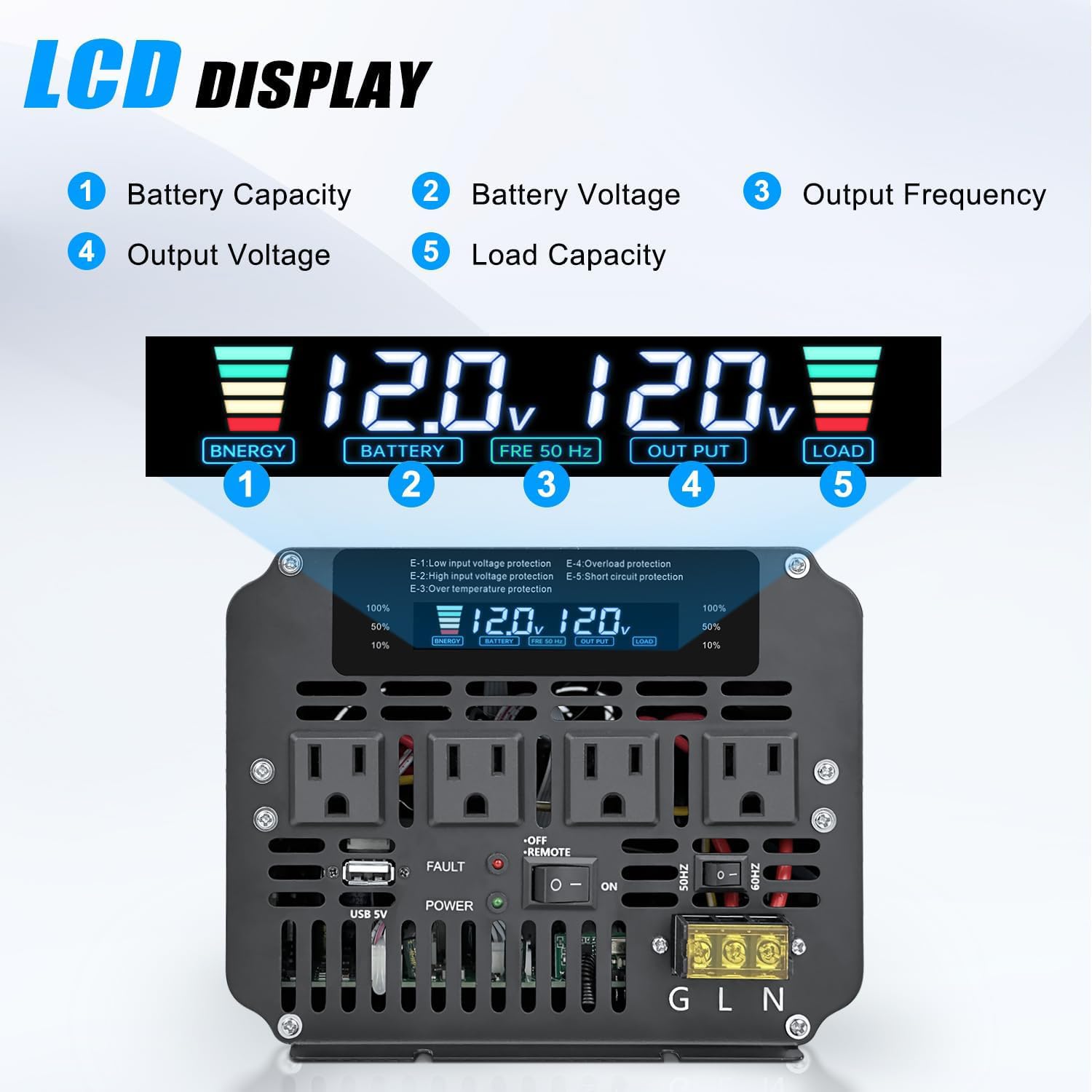 Cantonape 5000W 12V to 110V DC to AC Power Inverter with LCD Display, Remote Control and 4 Car AC Adapters for Car Truck Boat RV Off-Grid Solar System