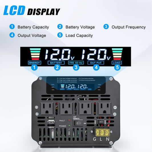 Cantonape 5000W 12V to 110V DC to AC Power Inverter with LCD Display, Remote Control and 4 Car AC Adapters for Car Truck Boat RV Off-Grid Solar System