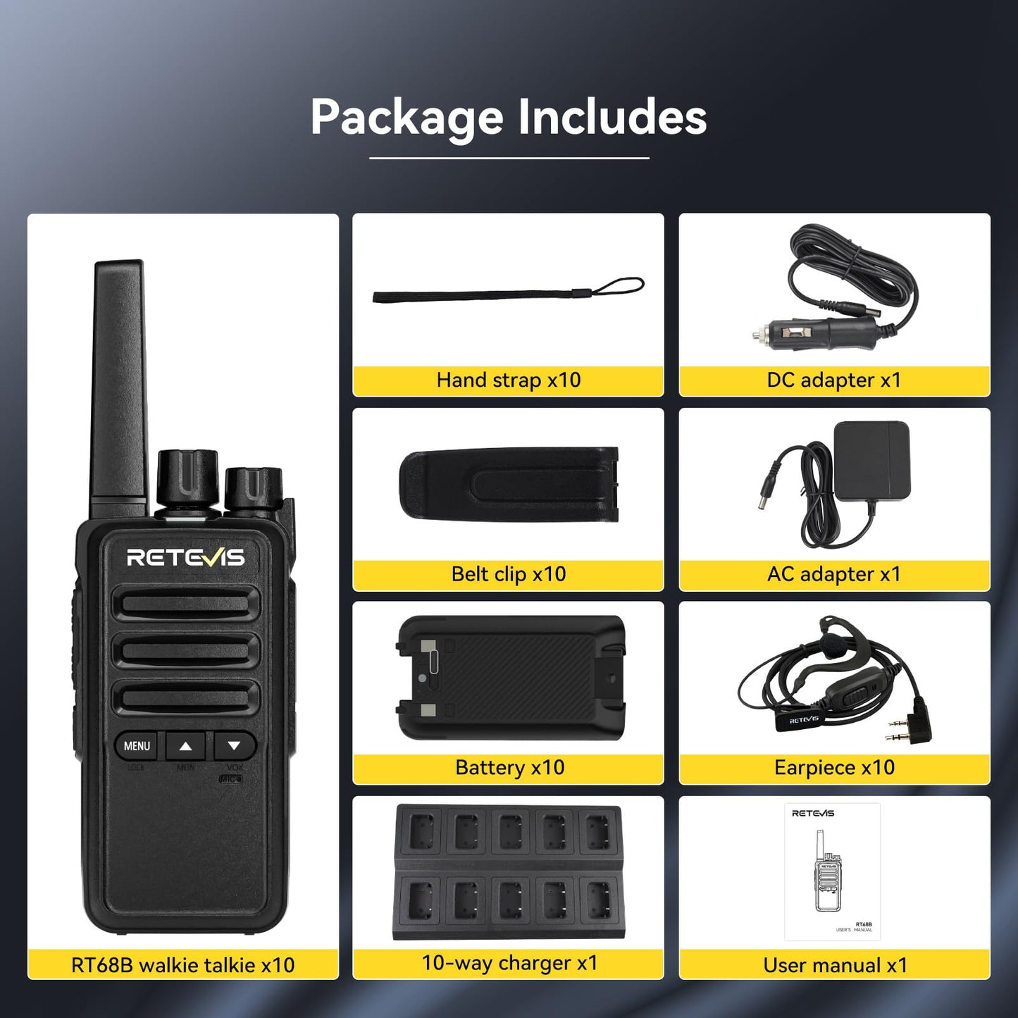 Retevis RT68B Walkie Talkies for Adults Long Range, with 10 Multi Way Charger, Easier Securer Charging, Rechargeable Two Way Radios for School Industry Warehouse(10 Pack)