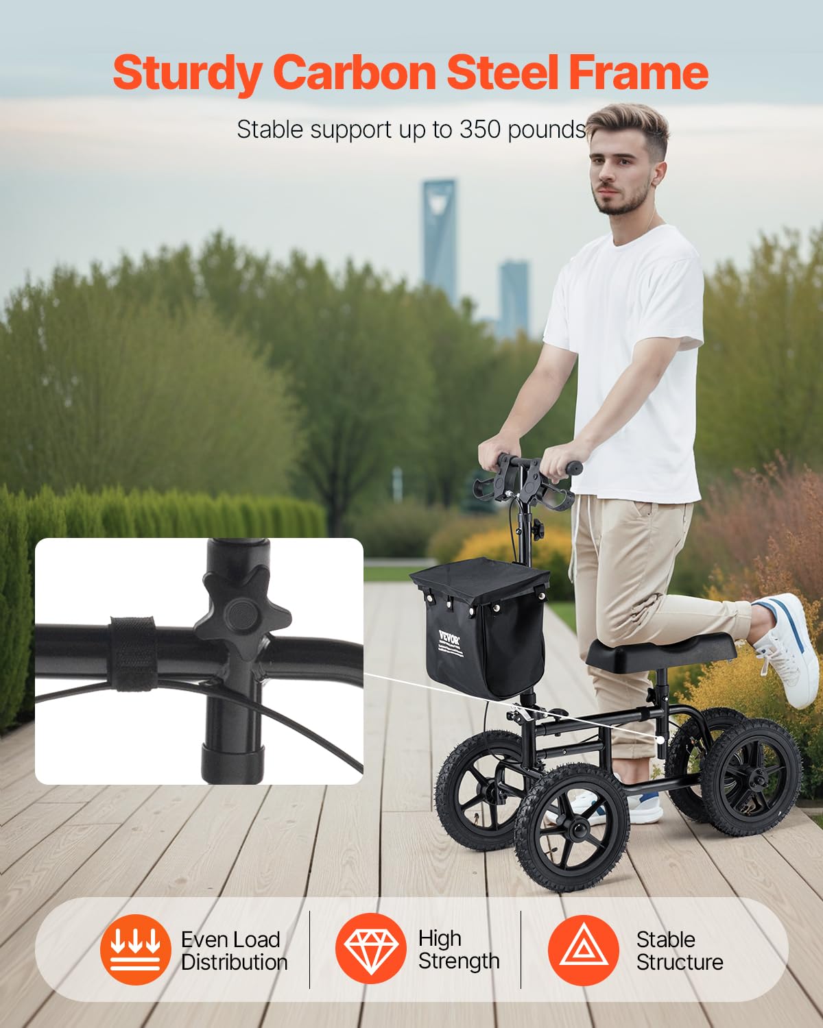 VEVOR Knee Scooter, Folding & Height-Adjustable Steerable Knee Walker, Carbon Steel Leg Recovery Scooter with 12" All-Terrain Wheels, Dual Brakes, Ideal for Broken Ankle Foot Injuries, 350LBS