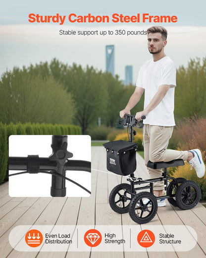 VEVOR Knee Scooter, Folding & Height-Adjustable Steerable Knee Walker, Carbon Steel Leg Recovery Scooter with 12" All-Terrain Wheels, Dual Brakes, Ideal for Broken Ankle Foot Injuries, 350LBS