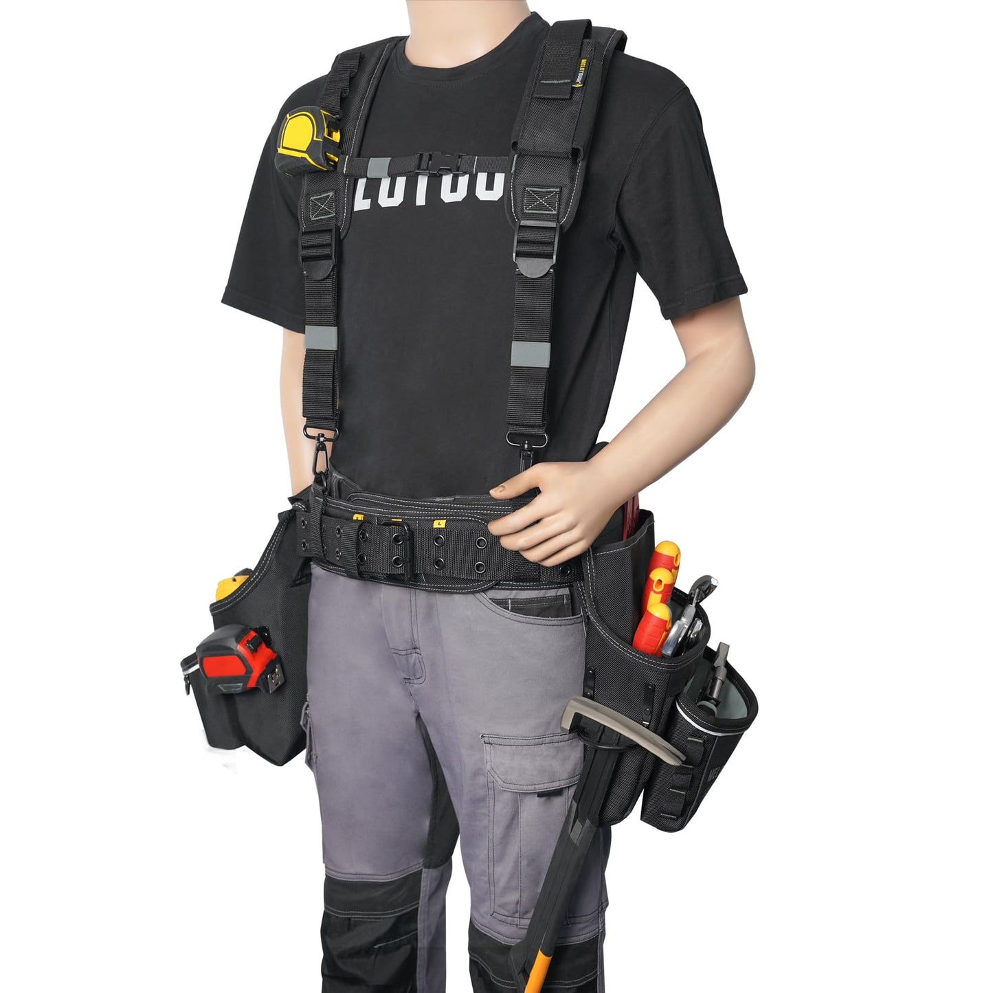 MELOTOUGH Carpenters Tool Belt with Suspenders Professional Tool Belt Combo Organizer With Tool Pouch Suspenders with 32 Pockets and Loops fits 32"-50"Waist for Electrican/Contractor/Technican/(Black)