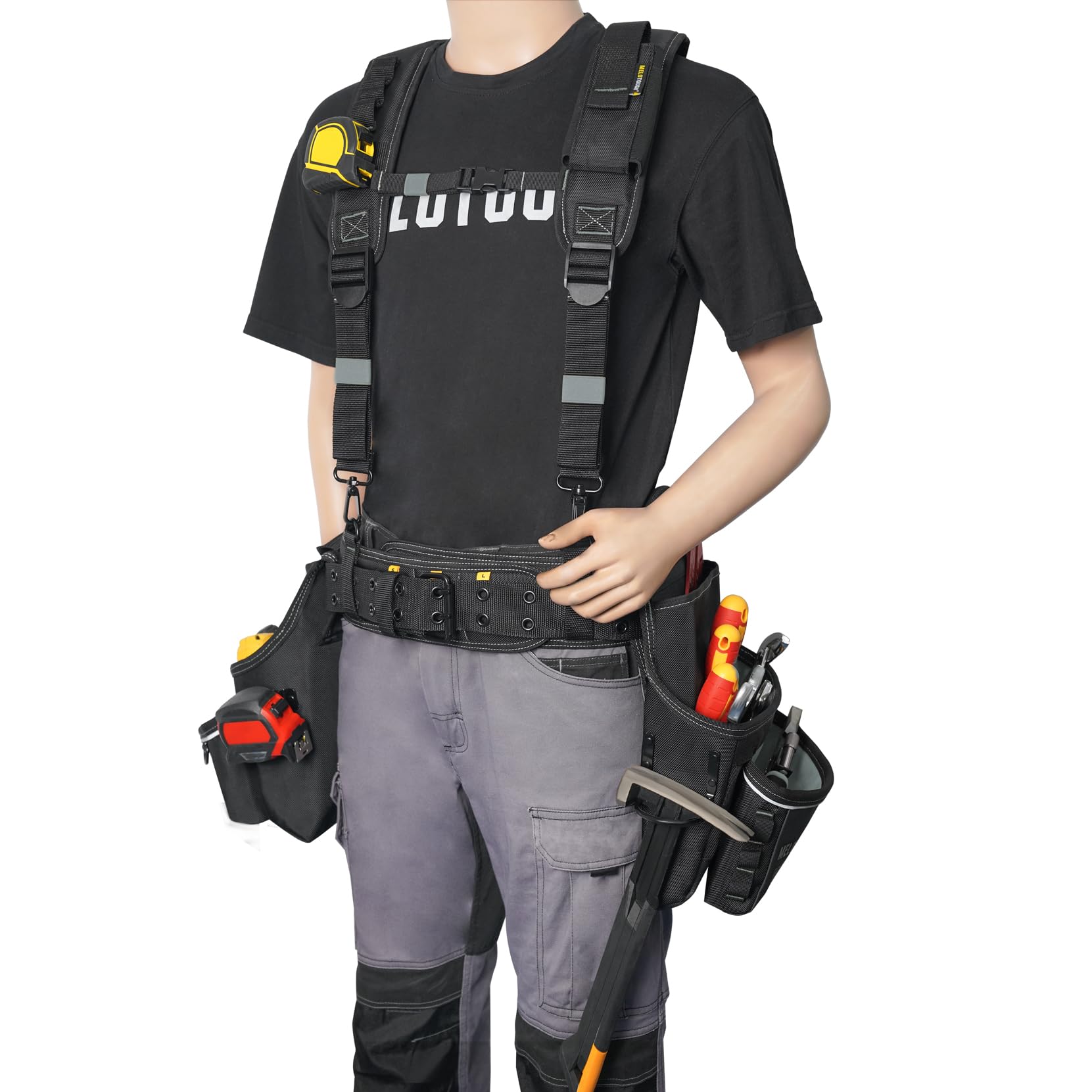 MELOTOUGH Carpenters Tool Belt with Suspenders Professional Tool Belt Combo Organizer With Tool Pouch Suspenders with 32 Pockets and Loops fits 32"-50"Waist for Electrican/Contractor/Technican/(Black)