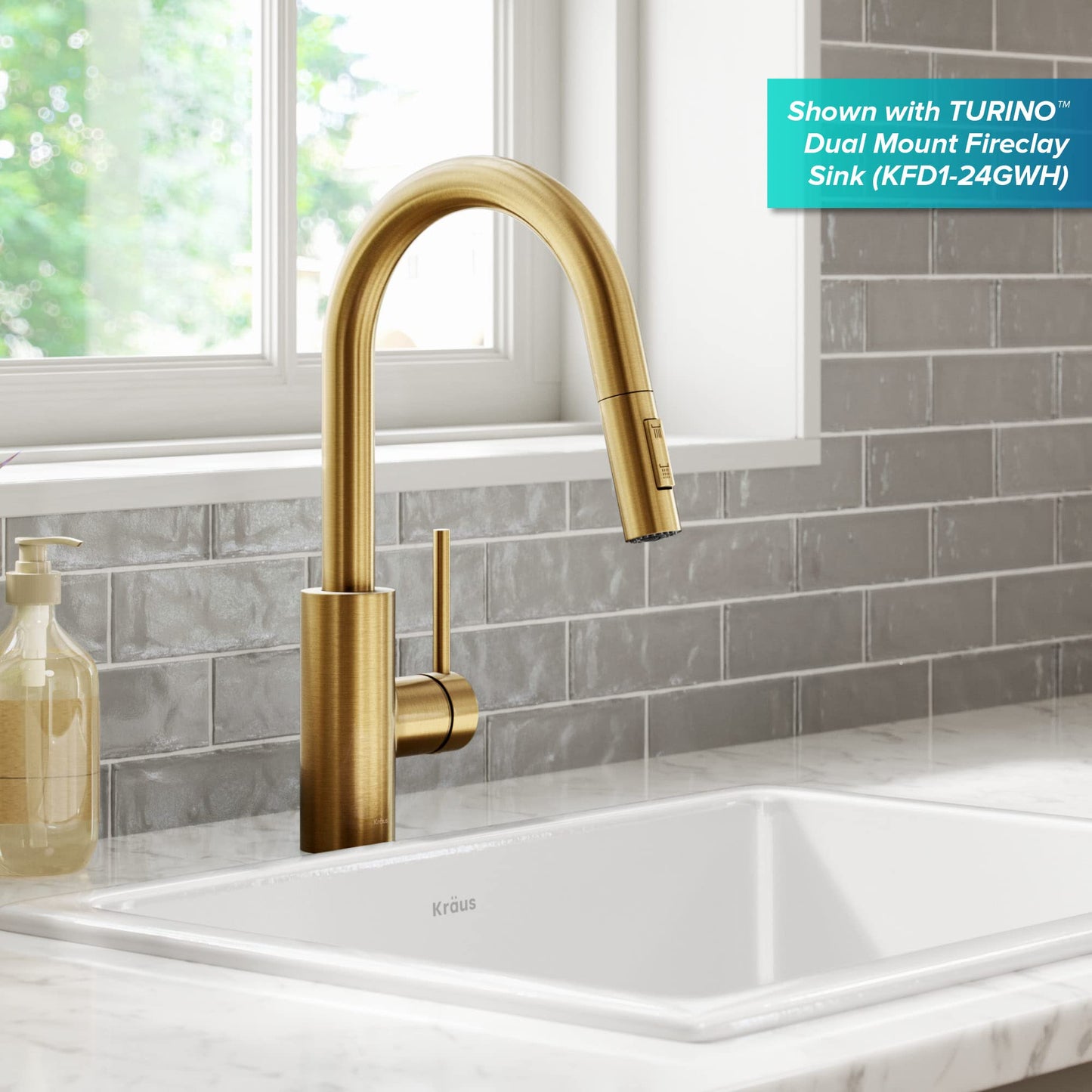 KRAUS Olettoâ„¢ Single Handle Pull Down Kitchen Faucet in Brushed Brass Finish
