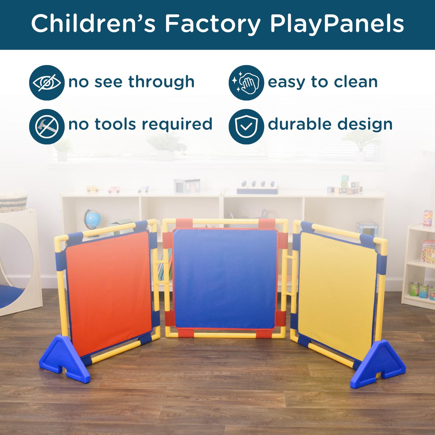 Children's Factory Square PlayPanel - Set of 3, Kids Room Divider, Classroom Privacy Screen, Cantilever Feet Included, Rainbow