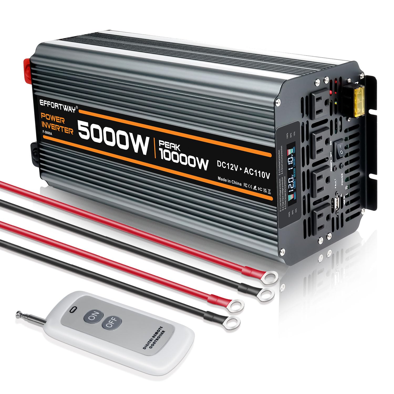 5000 watt Power Inverter DC 12V to AC 110V/120V Converter,10000w Peak.Comes with LCD Display,Wireless Controller, 4AC outlets,1USB.RV Inverter,Suitable for Camping,and Off-Grid Solar Inverter Systems