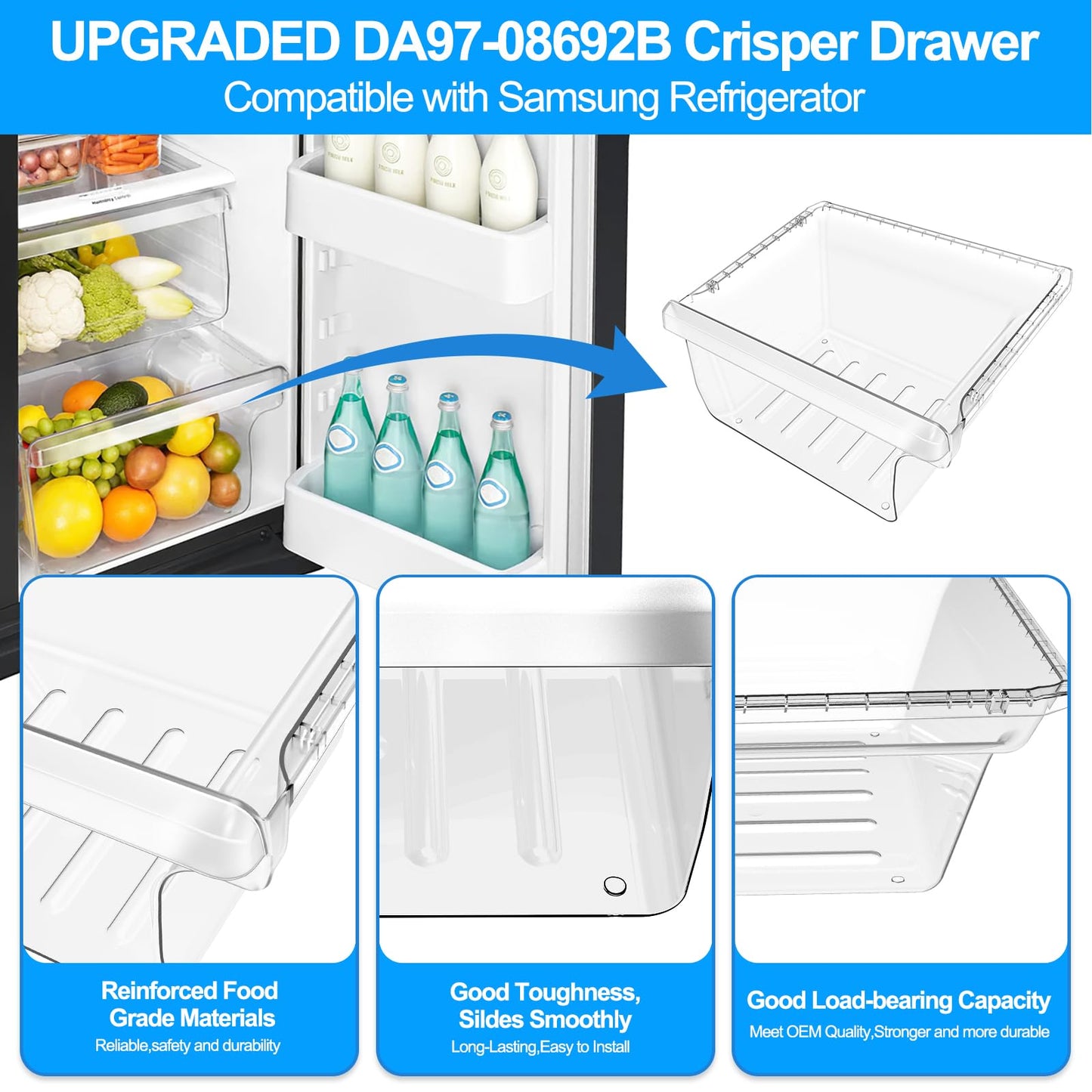 UPGRADED DA97-08692B Refrigerator Crisper Drawer Bin Compatible with Samsung Refrigerator Drawer Replacement RS25J500DSR RS25J500DSG RS25H5000SR DA97-08692A for Samsung Fridge Drawer Bottom