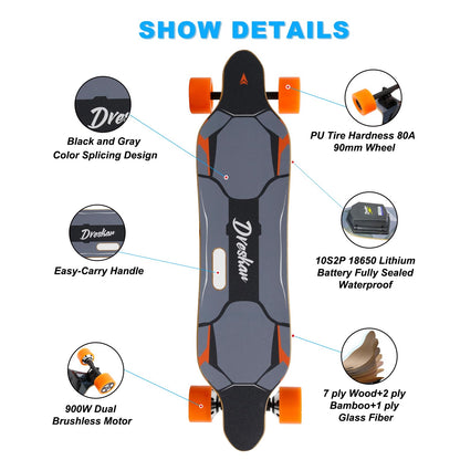 DresKar Electric Longboard for Adults, 25 Mph Top Speed, E-Skateboard,12.5 Miles Range, 900W Dual Motor,Electric Skateboard with Remote Control, Easy Carry Handle, 284 Lbs Max Load, PU Wheels