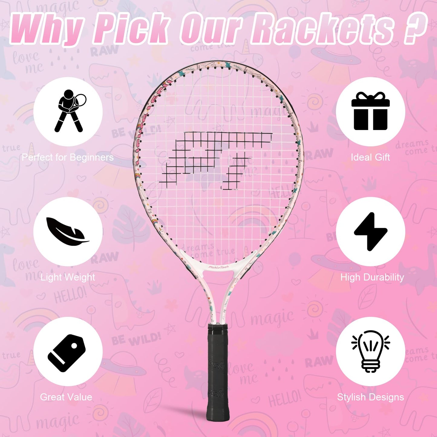 PickleTech Kids Tennis Racket - Toddler Tennis Racket, 17-25 inch Youth Tennis Racquet for Ages 2-12, Unicorn Designs for Boys & Girls, Perfect for Beginners