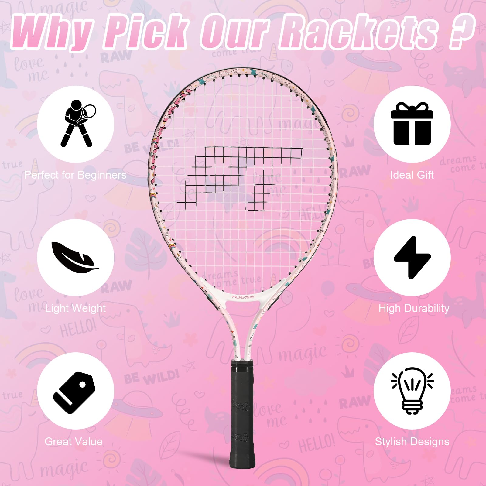 PickleTech Kids Tennis Racket - Toddler Tennis Racket, 17-25 inch Youth Tennis Racquet for Ages 2-12, Unicorn Designs for Boys & Girls, Perfect for Beginners