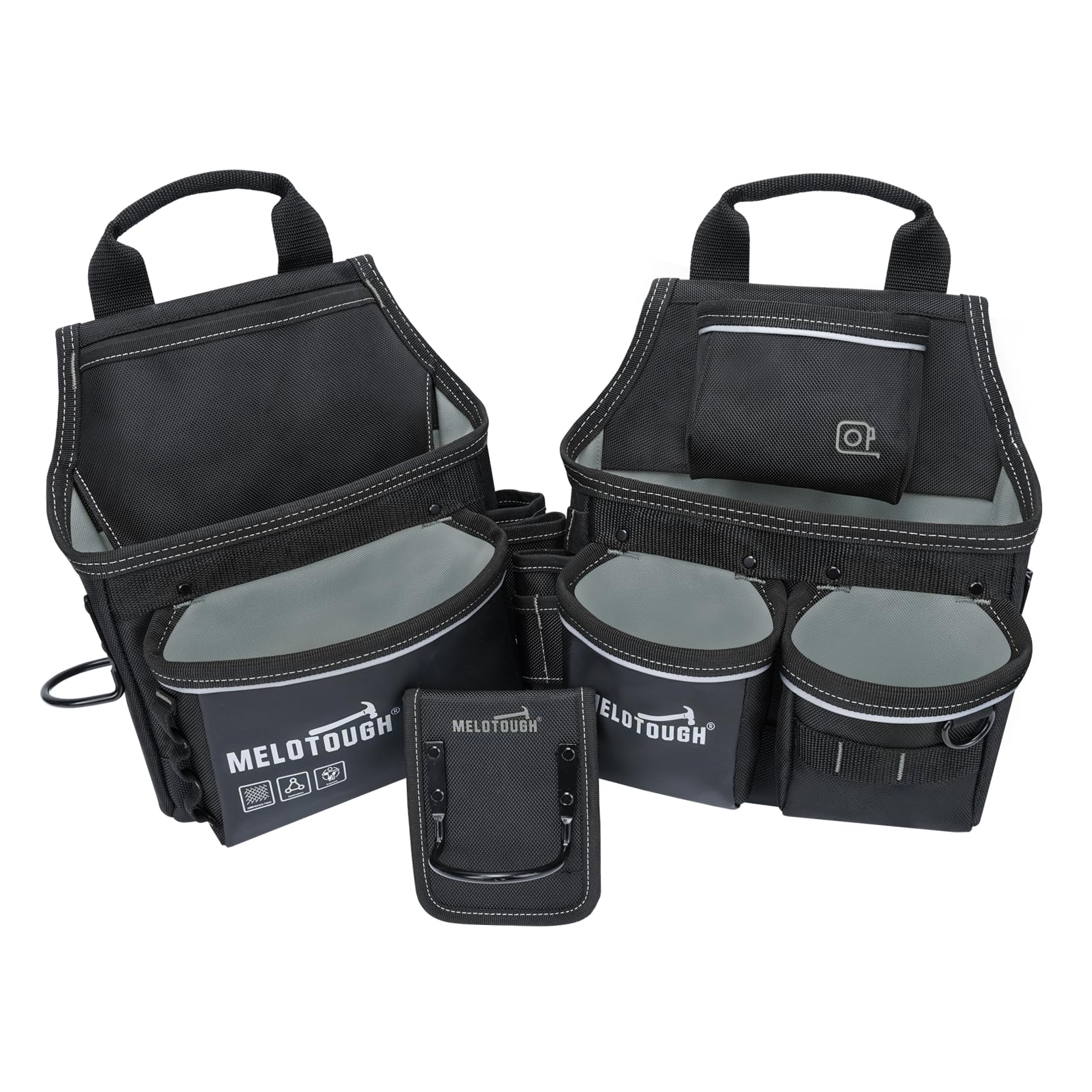 MELOTOUGH Carpenters Tool Belt with Suspenders Professional Tool Belt Combo Organizer With Tool Pouch Suspenders with 32 Pockets and Loops fits 32"-50"Waist for Electrican/Contractor/Technican/(Black)