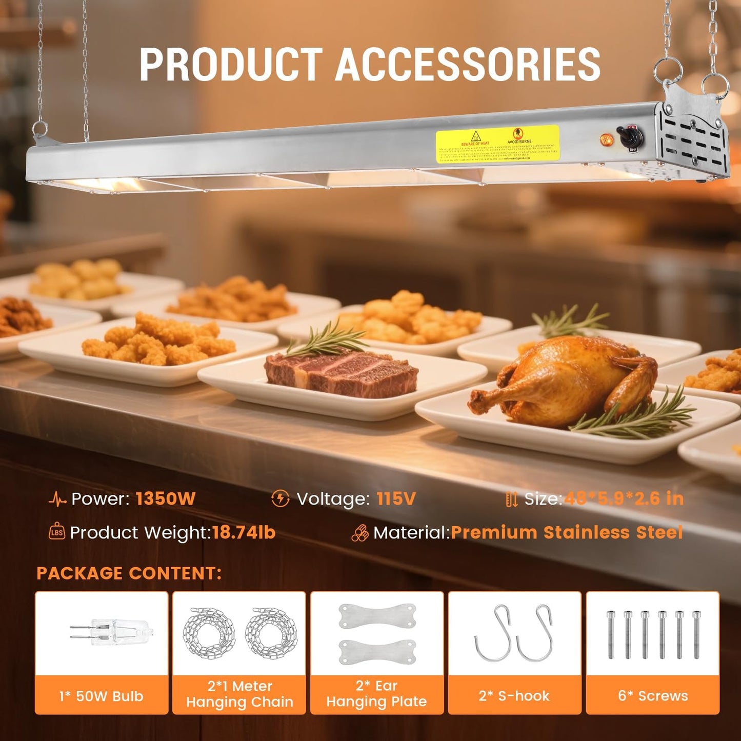 Hiteemer 48-Inch Food Heat Lamp, 1350W Commercial Food Warmer Lamp Electric Strip Heater Overhead Stainless Steel Heat Lamps for Buffet Restaurant Parties Catering, Sliver 115V