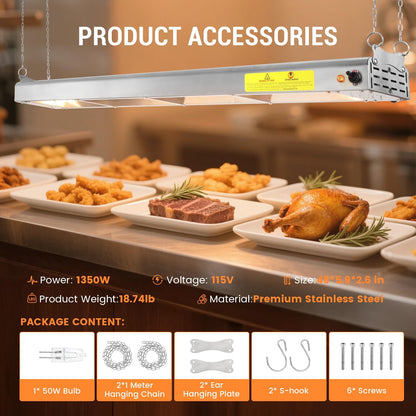 Hiteemer 48-Inch Food Heat Lamp, 1350W Commercial Food Warmer Lamp Electric Strip Heater Overhead Stainless Steel Heat Lamps for Buffet Restaurant Parties Catering, Sliver 115V