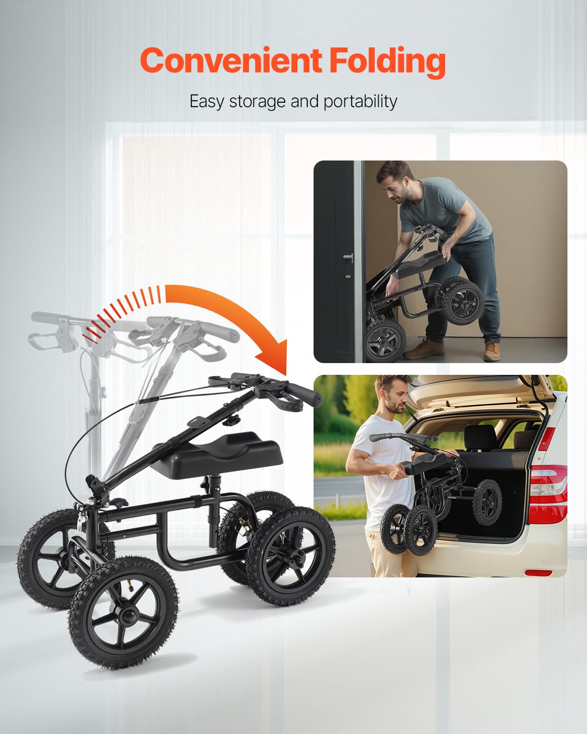 VEVOR Knee Scooter, Folding & Height-Adjustable Steerable Knee Walker, Carbon Steel Leg Recovery Scooter with 12" All-Terrain Wheels, Dual Brakes, Ideal for Broken Ankle Foot Injuries, 350LBS