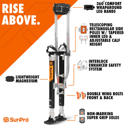 SurPro Double-Sided Drywall Stilts, Magnesium Base, 26” - 40” Height, QuadLock Contractor-Grade Stilts (S2-M-2640) for Drywallers, Painters, Ceiling Work, Stilts Drywall
