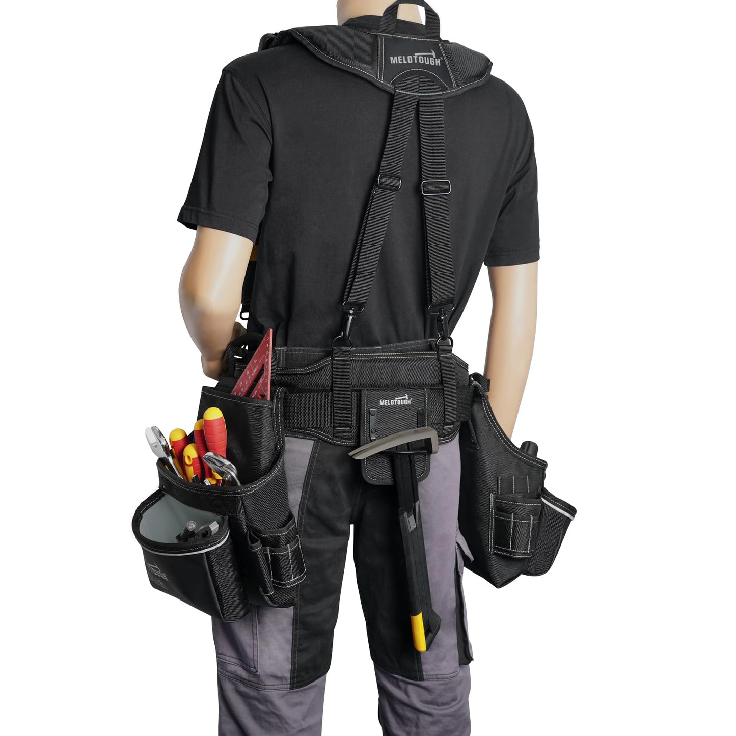 MELOTOUGH Carpenters Tool Belt with Suspenders Professional Tool Belt Combo Organizer With Tool Pouch Suspenders with 32 Pockets and Loops fits 32"-50"Waist for Electrican/Contractor/Technican/(Black)