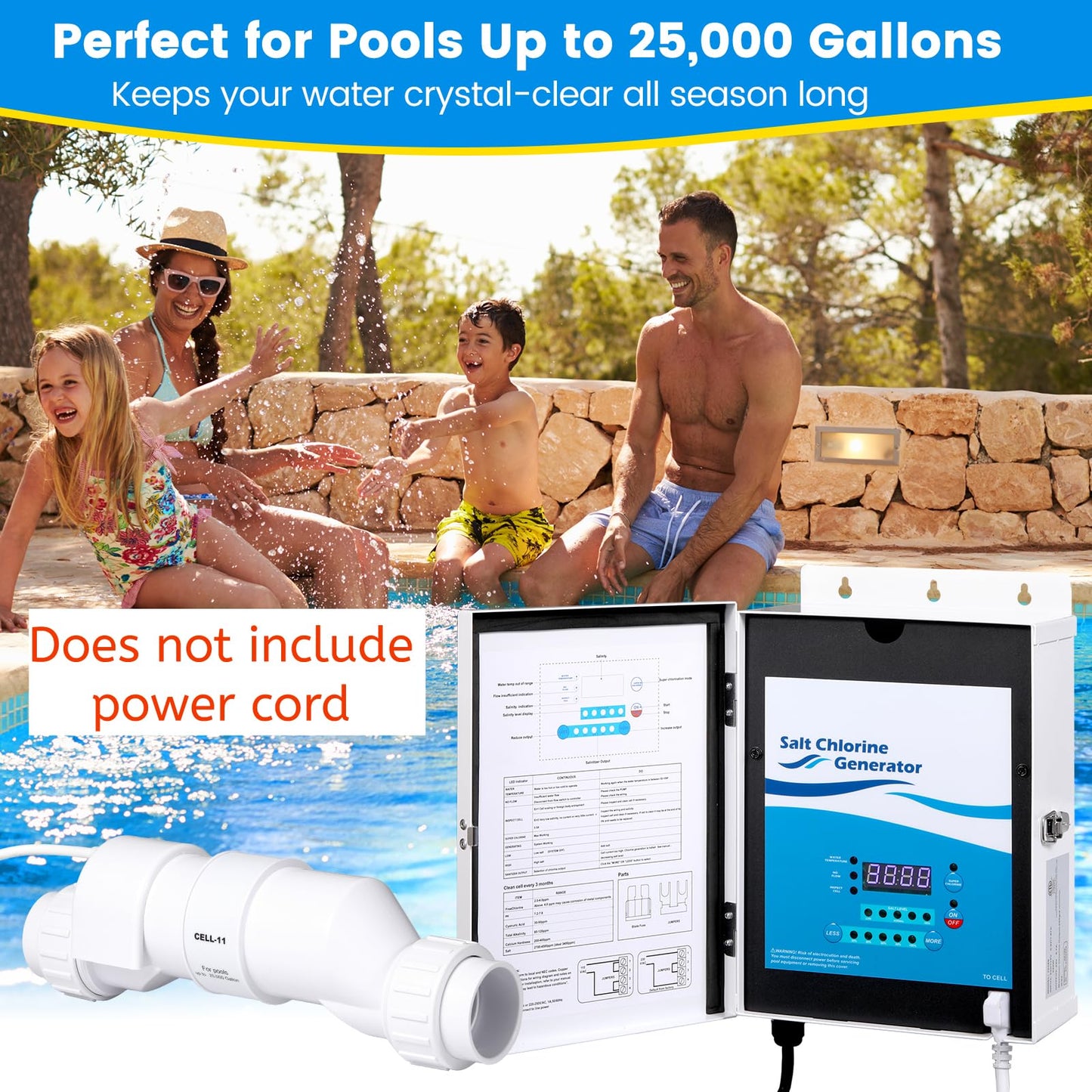 Ecoraiser Saltwater Pool Chlorine Generator Cell, Low Maintenance & Energy Efficient Pool Saltwater System for Above Ground &Inground Pools Up to 25,000 Gallons, Cell Salt 11