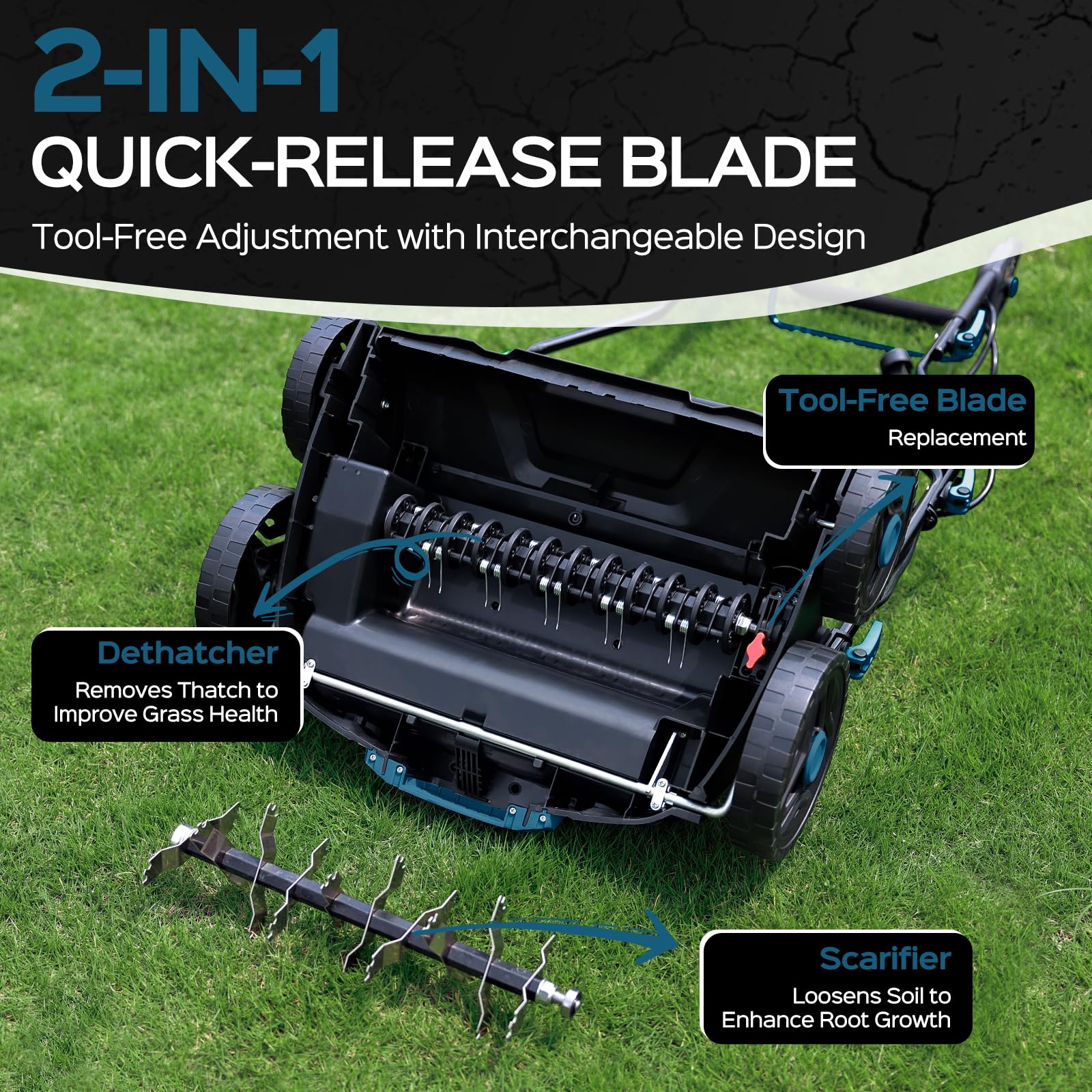 TIECTOWN 2025 Upgrade 16-Inch 15.5 Amp 2-in-1 Electric Dethatcher and Scarifier with 14.5-Gallon Collection Bag, Lawn Dethatcher with 5-Position Depth Adjustment, Keeps Lawn Healthy - Steel Blue