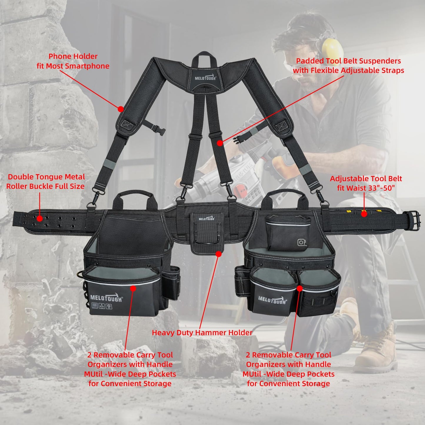 MELOTOUGH Carpenters Tool Belt with Suspenders Professional Tool Belt Combo Organizer With Tool Pouch Suspenders with 32 Pockets and Loops fits 32"-50"Waist for Electrican/Contractor/Technican/(Black)