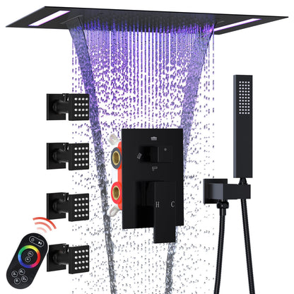 ENGA Shower System with Body Jets, 2 In 1 Functions Ceiling Mount 14x20inch LED Shower Head with 4 Body Jets, Rainfall Waterfall Shower Faucet Set, Matte Black