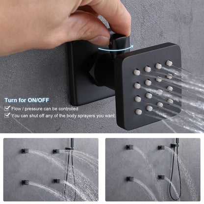 ENGA Shower System with Body Jets, 2 In 1 Functions Ceiling Mount 14x20inch LED Shower Head with 4 Body Jets, Rainfall Waterfall Shower Faucet Set, Matte Black