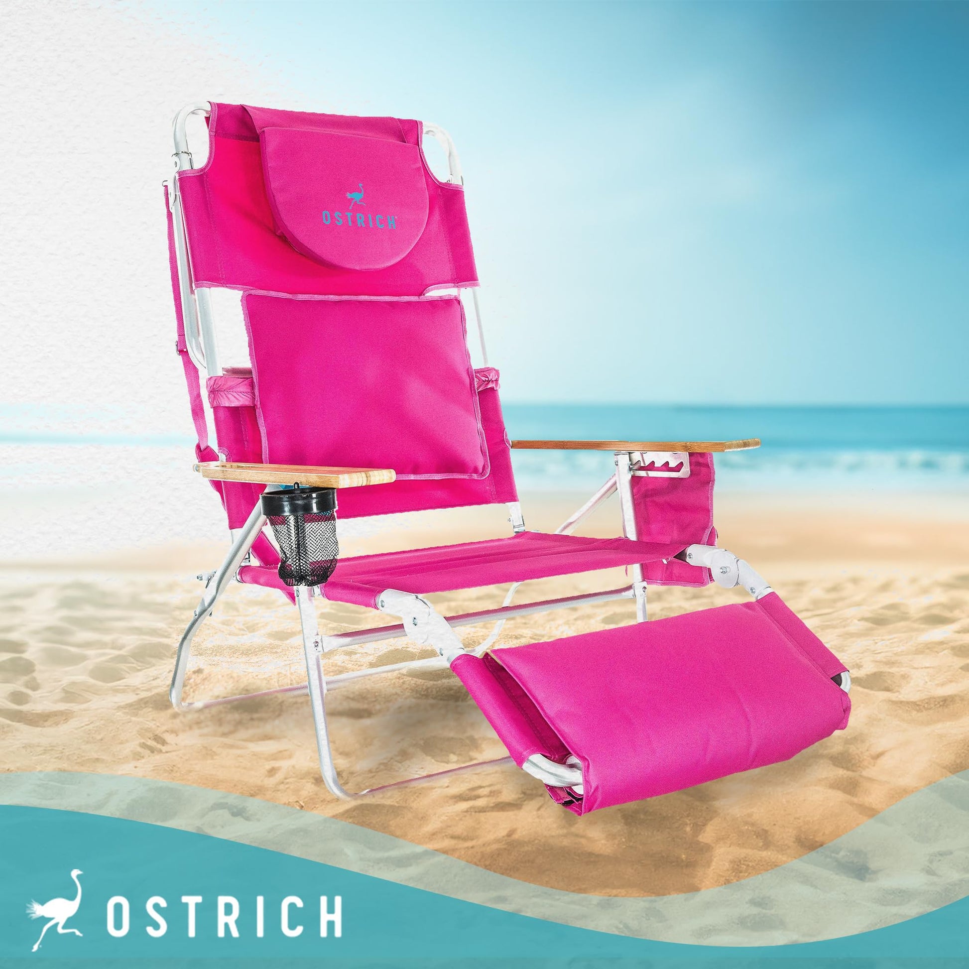 Ostrich Reclining Lounge Chair, Deluxe 3 in 1 Folding Outdoor Beach Lounger, Pink - Compact and Portable Recliner for Pool Tanning, Lawn, Patio, and Yard