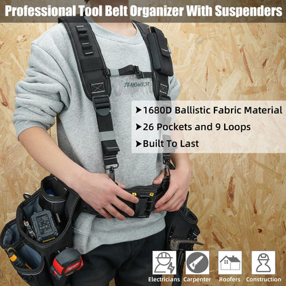 MELOTOUGH Carpenters Tool Belt with Suspenders Professional Tool Belt Combo Organizer With Tool Pouch Suspenders with 32 Pockets and Loops fits 32"-50"Waist for Electrican/Contractor/Technican/(Black)