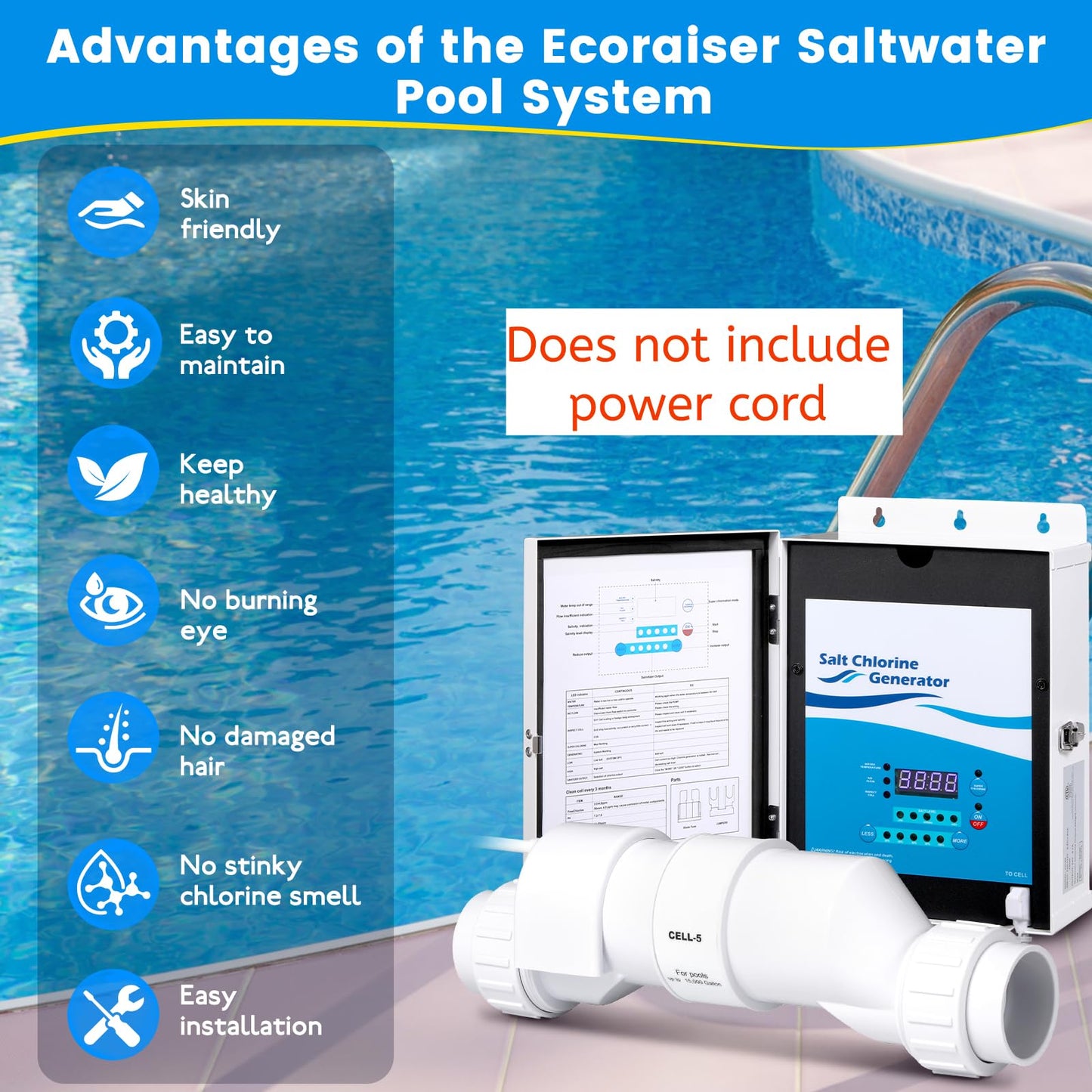 Ecoraiser Saltwater Pool Chlorine Generator Cell, Low Maintenance & Energy Efficient Pool Saltwater System for Above Ground &Inground Pools Up to 25,000 Gallons, Cell Salt 11