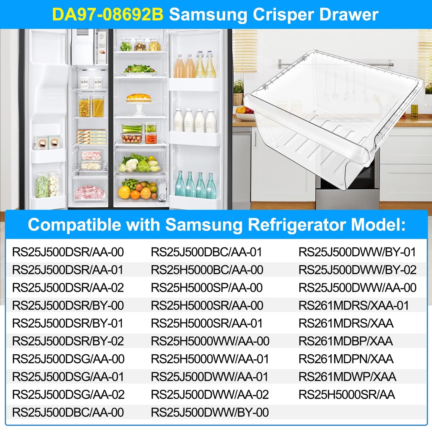 UPGRADED DA97-08692B Refrigerator Crisper Drawer Bin Compatible with Samsung Refrigerator Drawer Replacement RS25J500DSR RS25J500DSG RS25H5000SR DA97-08692A for Samsung Fridge Drawer Bottom