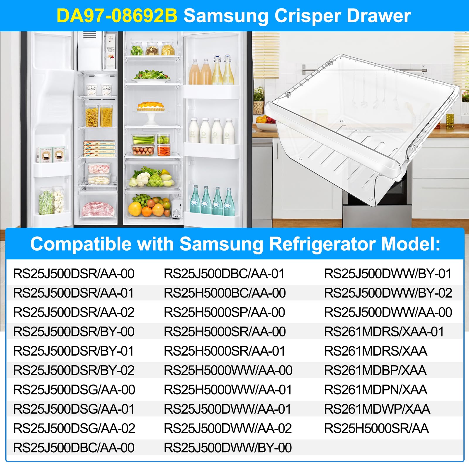 UPGRADED DA97-08692B Refrigerator Crisper Drawer Bin Compatible with Samsung Refrigerator Drawer Replacement RS25J500DSR RS25J500DSG RS25H5000SR DA97-08692A for Samsung Fridge Drawer Bottom