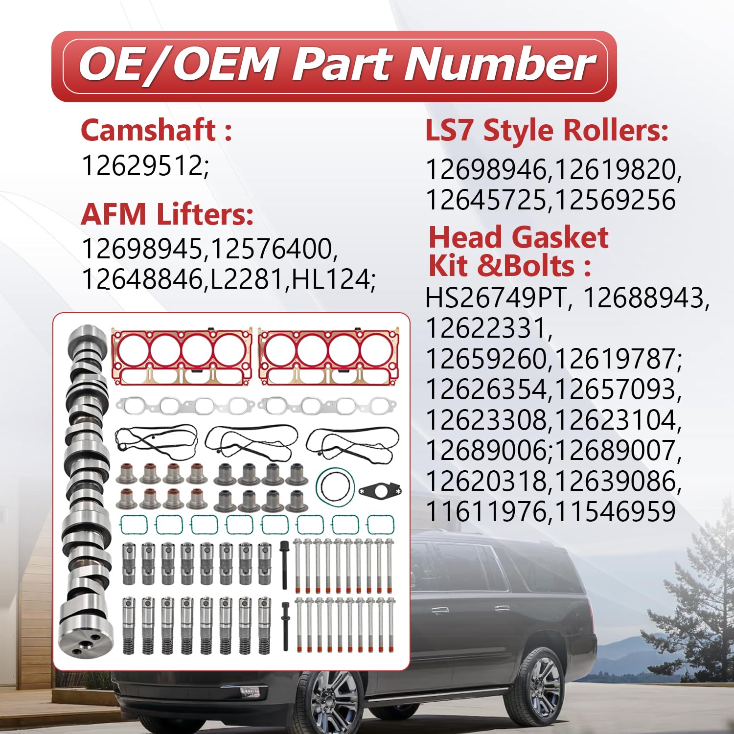 Raodelupe LT 6.2L GEN-5 AFM Engine Rebuild Kit W/12629512 Camshaft 8*AFM Lifters 8*LS7 Style Lifters Head Gasket Kit Bolts Compatible with Chevy 6.2L LT Gen5 L86 L87 2014-2020
