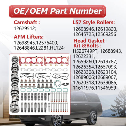 Raodelupe LT 6.2L GEN-5 AFM Engine Rebuild Kit W/12629512 Camshaft 8*AFM Lifters 8*LS7 Style Lifters Head Gasket Kit Bolts Compatible with Chevy 6.2L LT Gen5 L86 L87 2014-2020