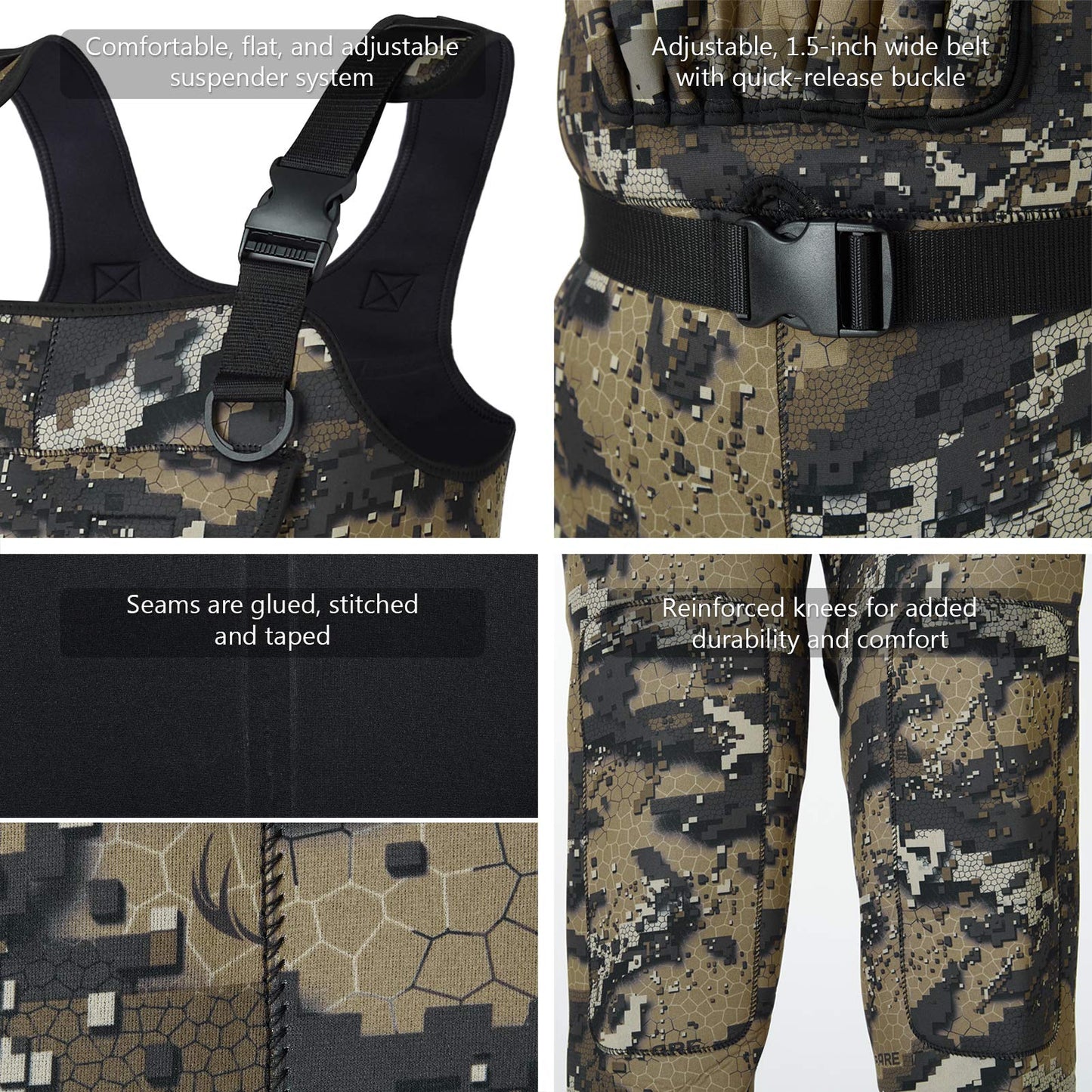 BASSDASH Bare Camo Neoprene Chest Fishing Hunting Waders for Men with 600 Grams Insulated Rubber Bootfoot
