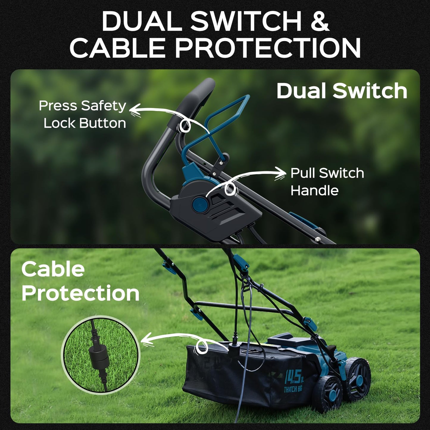 TIECTOWN 2025 Upgrade 16-Inch 15.5 Amp 2-in-1 Electric Dethatcher and Scarifier with 14.5-Gallon Collection Bag, Lawn Dethatcher with 5-Position Depth Adjustment, Keeps Lawn Healthy - Steel Blue
